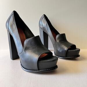 Elizabeth and James Mae Platform Pumps Black Heels Open Toe Leather Size 6.5